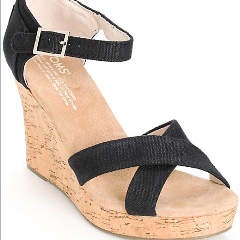 Toms black canvas strapped wedges